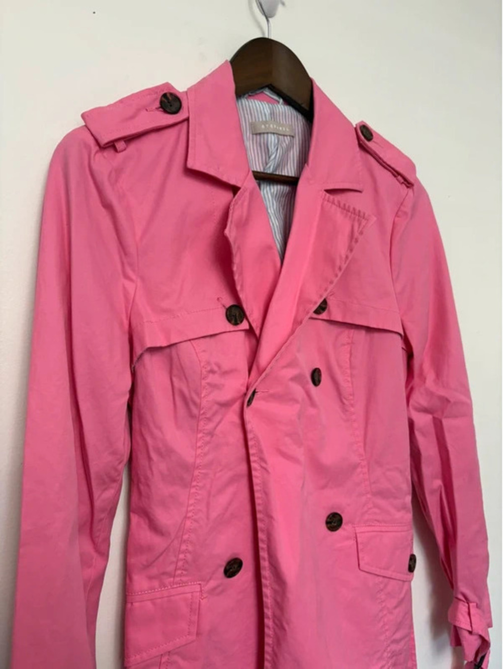 Stefanel Pink Cotton Trench Coat Women’s size 8 Belted Double Breasted Jacket